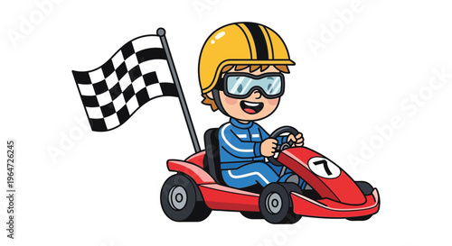 A cheerful cartoon racer waves a checkered flag while driving a red go kart vibrant and stylized silhouette high quality professional detailed