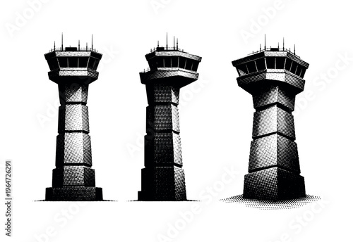 Airport control tower silhouette with stepped shaft and overhanging cab, shown as a single realistic tower form presented in three views including elevation,