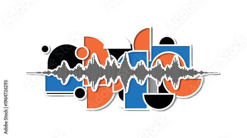 retro analog sound waves with geometric circles semicircles and abstract blocks, black and white audio waveform pattern with white cut-out outline layered