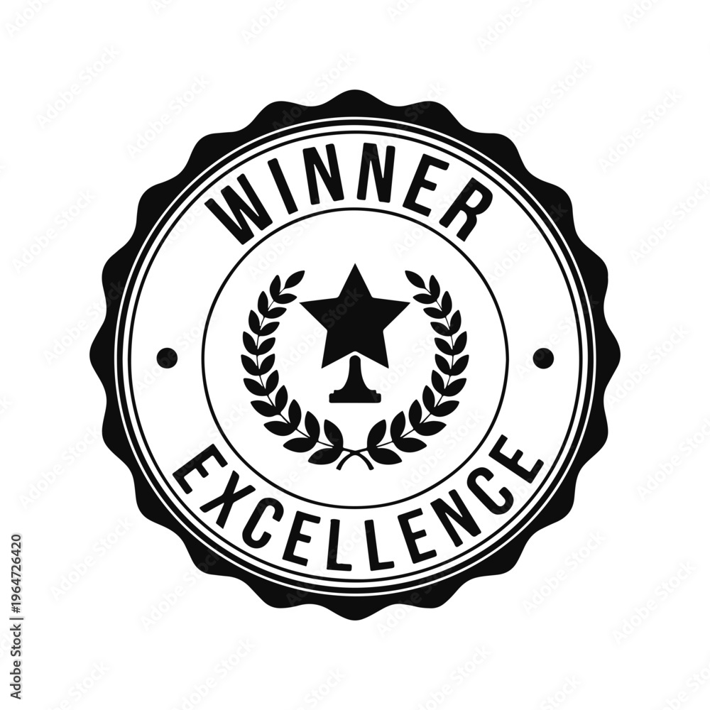 Fototapeta premium Winner Excellence Black Round Stamp Badge Laurel Wreath Star Vector Label