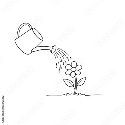 A minimalist continuous line drawing of a watering can nurturing a blooming flower.