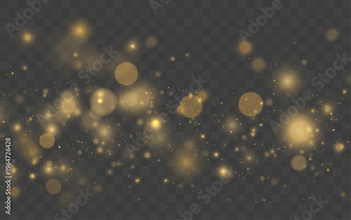 Shimmering gold glitter drifts softly across a dark transparent background. Light particles sparkle like festive stars. Perfect overlay for Christmas and New Year.