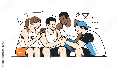 Team support and motivation. Athletes encouraging each other during a pause in the game, supportive gestures and eye contact. Feeling of trust, resilience, and