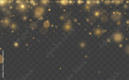 Sparkling golden particles shimmer softly on a transparent background. Light bokeh highlights glow gently. Perfect overlay for Christmas and festive cards.