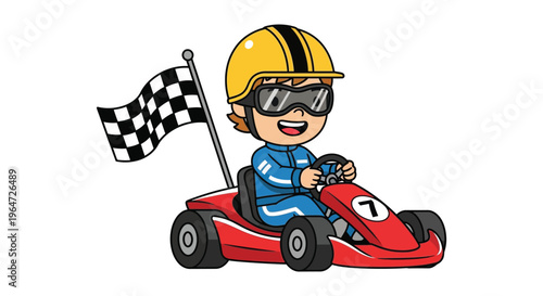 A cheerful cartoon racer waves a checkered flag while driving a red go kart a distinct silhouette high quality professional detailed modern