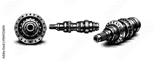 Airplane turbine shaft assembly A realistic turbine shaft assembly with central axle and coupling details, displayed in three views such as straight-on view,