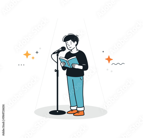 Poet on stage. A single speaker standing at a microphone, reading from a notebook under soft spotlight accents. The scene conveys focus, vulnerability, and