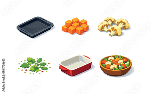 Baked Salad Ingredients. Isometric flat vector icons set of baked salad ingredients: oven baking tray, roasted pumpkin cubes, baked cauliflower florets, herbs