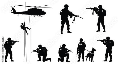 A dramatic black silhouette depicts soldiers a helicopter and a k 9 unit in a tactical operation silhouette high quality professional detailed