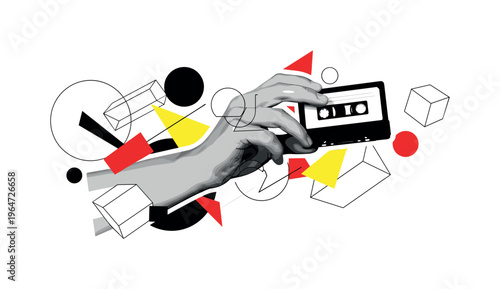 hand holding a cassette tape in abstract environment, realistic black and white hand cut-out with white outline interacting with geometric shapes like circles