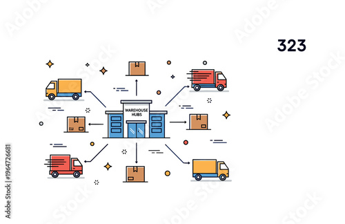Warehouse hubs logistics scene with a central warehouse building connected to multiple delivery trucks and boxes symbolizing distribution, coordination, and