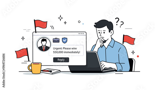 CEO fraud scam. A worker hesitating before responding to an urgent-looking message with a profile icon and fake authority cues. Calm tension, trust questioned,