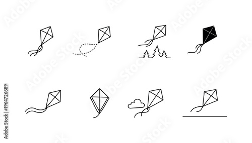 "Flying Kite Icons". Minimalistic set one-line drawing small kite with ribbon tail, kite in motion with dotted