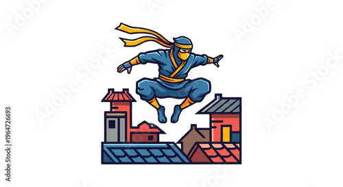 Ninja leaping over buildings illustration vector graphic