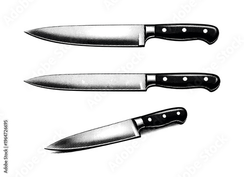 Knife ? classic kitchen chef?s knife with straight spine, pointed tip, and ergonomic handle, shown in side profile, top view, and three-quarter angle to define
