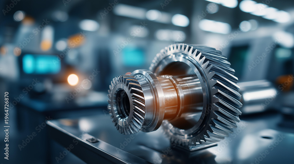 Fototapeta premium Close up of precision machined metal gearbox components including a helical gear and a ground drive shaft sitting on a measurement bench the gear teeth showing mirror polished