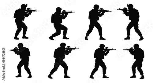 A group of soldiers depicted in various firing positions rendered as a striking black silhouette high quality professional detailed modern elegant