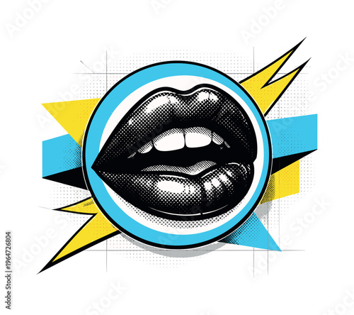 Close-up black and white comic mouth with exaggerated halftone shading and bold outline, vibrant cyan blue circular ring framing the lips, bright yellow