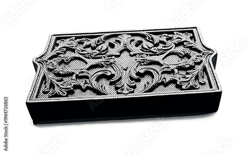 A decorative gothic emblem plate with deep ornamental carvings and dramatic contours, slightly angled as a single object, black and white halftone