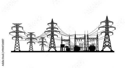 A stark black silhouette of power lines transmission towers and a substation against a white backdrop silhouette high quality professional detailed