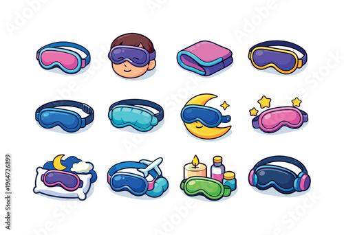 Sleep Mask. Colorful isometric vector icons set of Sleep Mask: sleep mask classic, sleep mask on face, folded sleep mask, silk sleep mask, adjustable strap