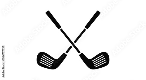 A striking black silhouette depicts two crossed golf clubs representing the sport and leisure activities silhouette high quality professional detailed modern