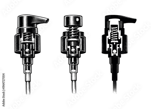 Spray bottle pump mechanism, a realistic spray bottle pump mechanism shown assembled, partially extended, and side profile as three object studies focusing on