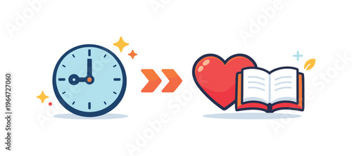 Hustle culture exit highlighting work-life boundaries with a clock transforming into a heart and book, symbolizing time reclaimed for rest, relationships, and