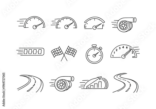 Speedometer in Motion and Dynamic Acceleration. Minimalistic set one-line drawing speedometer dial, moving needle, motion lines, tachometer gauge, fuel