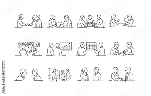 Family School Conference Scenes. Minimalistic set one-line drawing teacher greeting parents, parents reviewing test results, classroom desk meeting, parent