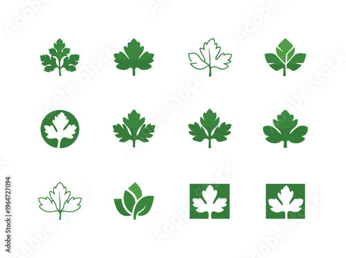 Parsley. Icon set. Set Logo of Parsley: curly leaf parsley. harmonious logo variations of the same emblematic concept, each with different artistic