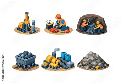 Mining process. Isometric flat vector icons set of mining process: exploration drilling core, blasting charge setup, ore extraction scene, material hauling