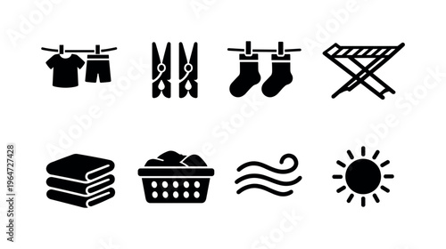 Laundry Drying. Filled icon set of Laundry Drying: clothesline, clothespin, hanging socks, drying rack, folded