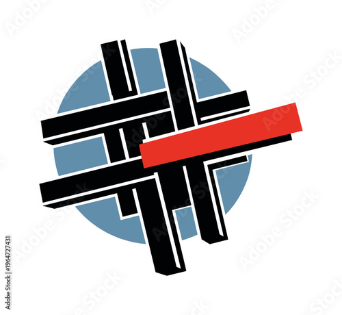 A bold abstract black grid structure composed of thick intersecting lines, fragmented into layered cut-out blocks with a thin white outline, placed over a