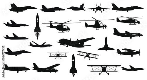 A collection of various military and civilian aircraft depicted as dark silhouettes against a white background silhouette high quality professional detailed