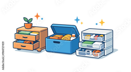 Home organization storage illustrated with drawers partially open and soft sparkle icons, expressing decluttering success and a sense of satisfaction. The