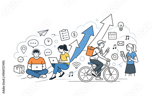 Gig economy growth. Freelancers working on laptops and phones, delivery icons and task symbols floating around, upward arrows showing expansion. Scene reflects