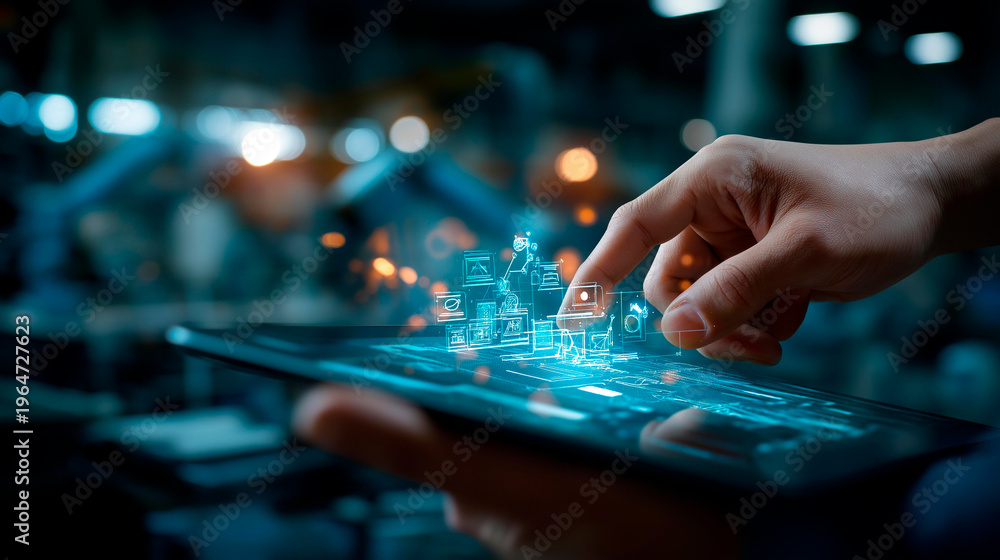 Fototapeta premium Close up of a hands interacting with a transparent holographic factory automation overlay showing connected machine icons production flow arrows and real time output counters