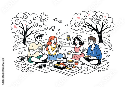 Cherry Blossom Gathering. Cherry Blossom Picnic. A group of friends seated on blankets beneath flowering