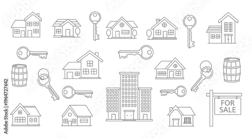 Line art illustration depicting houses keys barrels and a for sale sign all in a minimalist silhouette high quality professional detailed