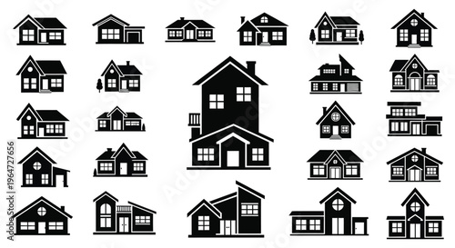 A collection of black house icons and a prominent detailed house silhouette showcasing various architectural styles high quality professional modern elegant