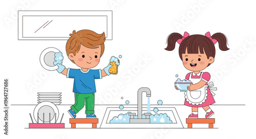 Two young children cheerfully doing household chores washing dishes in a bright kitchen setting silhouette high quality professional detailed modern