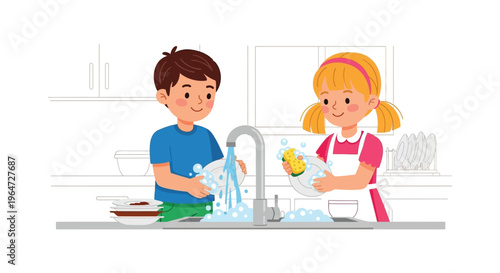 Two children cheerfully washing dishes together in a bright modern kitchen showcasing a playful silhouette high quality professional detailed elegant stylish