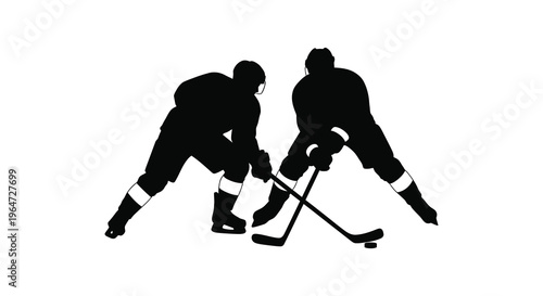 Two hockey players in action during a game facing off with sticks and puck black silhouette high quality professional detailed modern