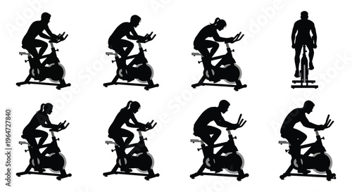 A collection of six black silhouettes depicting individuals engaged in indoor cycling exercises on stationary bikes silhouette high quality professional detailed