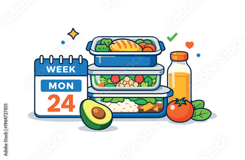Nutrition meal planning highlighting weekly organization and mindful preparation. A clean editorial scene where simple meal containers, a calendar block, and