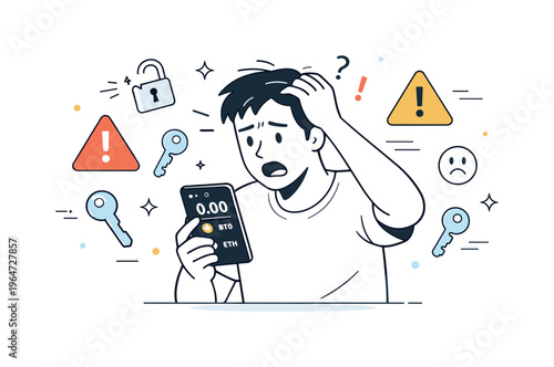 Web3 wallet loss panic. A person staring at a phone with a crypto wallet interface, scattered key icons and warning symbols around. Sudden stress and confusion