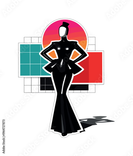 Black and white full length portrait of a mannequin-like figure with exaggerated silhouette, bold circular neon gradient halo shifting from hot pink to orange,