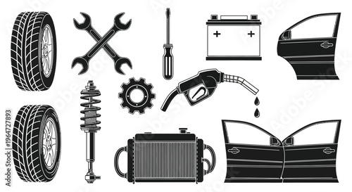 A collection of car parts and tools depicted in a stark black and white graphic style silhouette high quality professional detailed