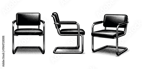 Retro metal tubular chair A tubular metal frame chair depicted as one object, shown from front, side, and angled views emphasizing frame geometry and seat